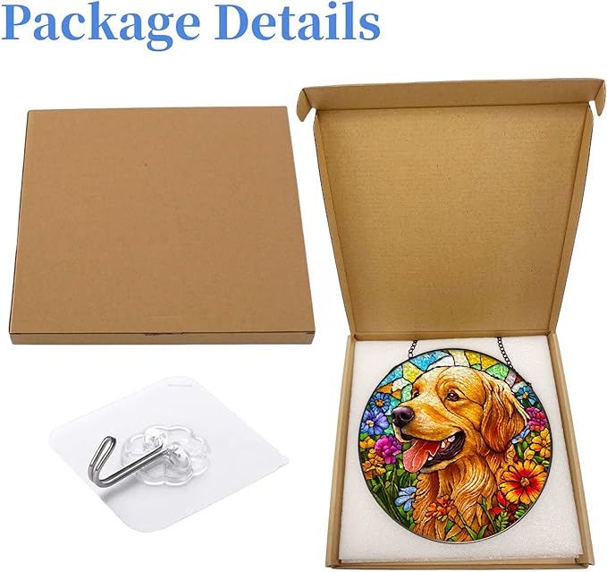 Stained Glass Suncatcher Golden Retriever Dog in Flowers Handmade Window Hangings Colored Glass Suncatcher Crafts Kits for Indoor Garden Christmas Decoration 16x16cm-1-2