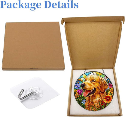 Stained Glass Suncatcher Golden Retriever Dog in Flowers Handmade Window Hangings Colored Glass Suncatcher Crafts Kits for Indoor Garden Christmas Decoration 16x16cm-1-2