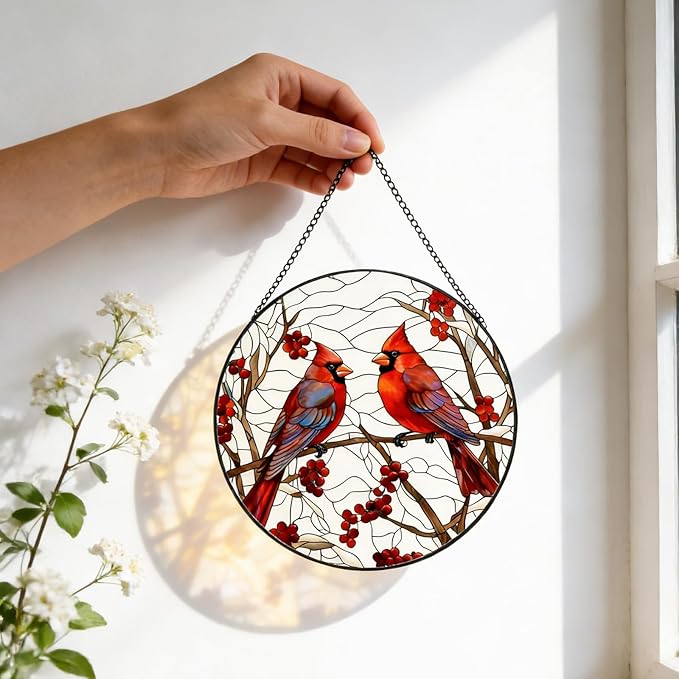 Red Cardinal Stained Glass Suncatcher - Handmade Christmas Window Hanging for Home Garden Deco
