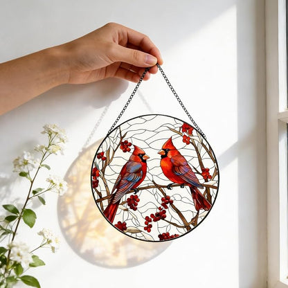 Red Cardinal Stained Glass Suncatcher - Handmade Christmas Window Hanging for Home Garden Deco