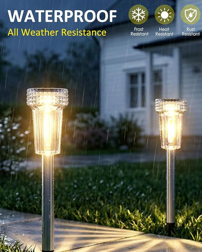 DERAYSION Solar Lights Outdoor, 8 Pack Solar Pathway Lights Dusk-to-Dawn Garden Lighting, Waterproof LED Stainless Steel Pole, Outdoor Solar Lights for Path Walkway Yard Driveway Decor - Warm White