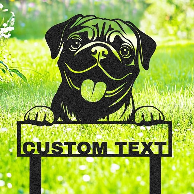 Custom Metal Pug Dog Garden Stake Sign, Personalized Pet Dog Statue Sculpture Garden Marker Outdoor Sign, Customized Cute Animal Pug Yard Art Backyard Lawn Signs Plaque with Stakes