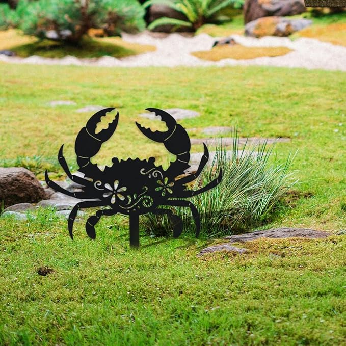 WADORN Crab Metal Decorative Garden Stakes, Funny Crab Sea Metal Silhouette Statues Ocean Animal Garden Ornament Gifts Black Yard Art Decoration for Outdoor Backyard Patio Lawn Walkways Pathway