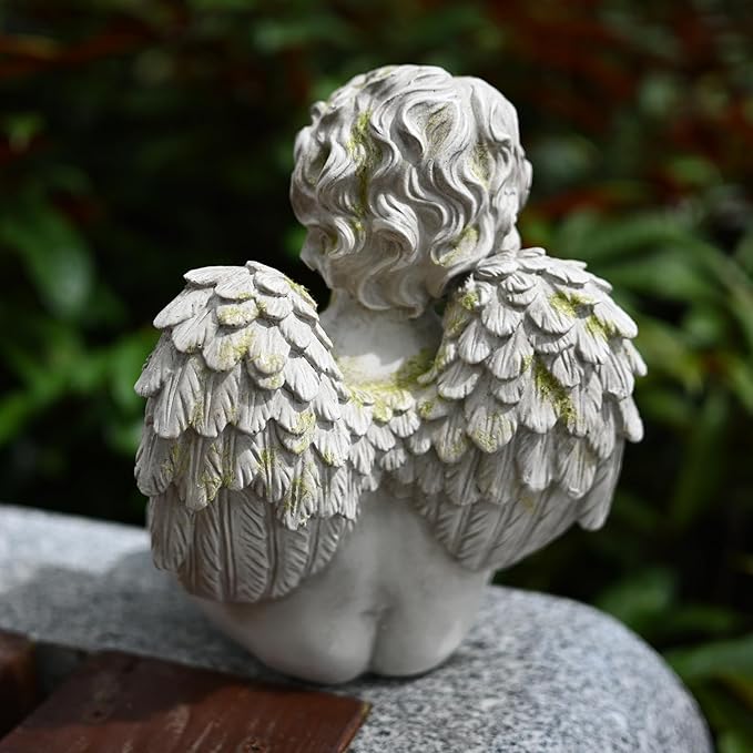 Guardian Angel Cherub Garden Statue with Bird Feeder Bird Bath Feeding Bowl, Religious Decor Sculpture, Natural Stone Grey with Moss, 8 inch Tall