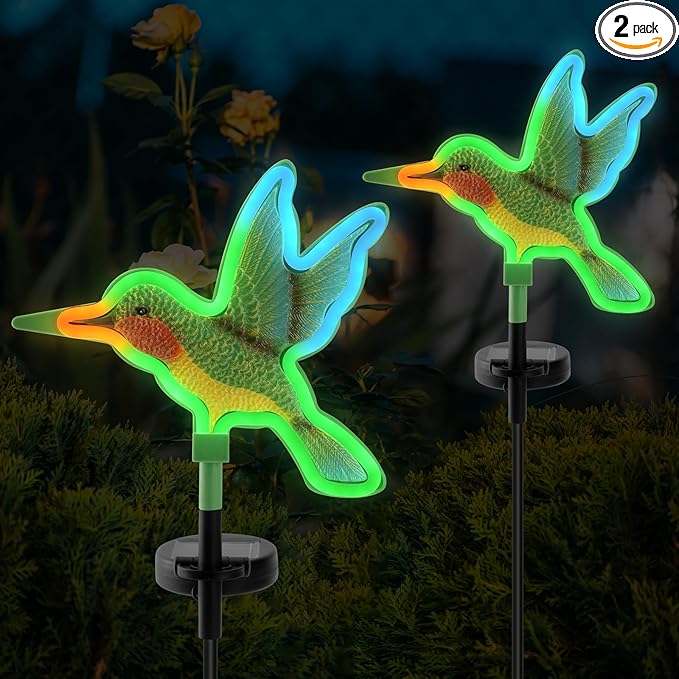 Solar Hummingbird Garden Lights 2 Pack, Colorful Neon Glow LED Solar Stake Lights, Waterproof Outdoor Decorative Landscape Lighting for Yard, Patio, Pathway