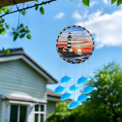 Sea Glass Fish Wind Chimes for Outside, Lighthouse Glass Windchimes Outdoors, Windchimes Outdoors Unique Suncatcher, Patio Beach Outdoor Home Garden Decor, Memorial Garden Christmas Decoration Gifts