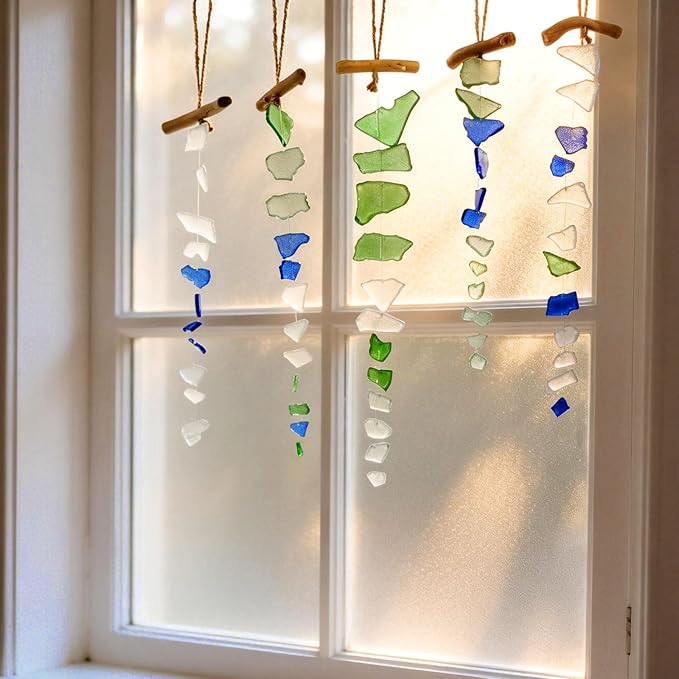 SNAIL GARDEN 5 Pieces Sea Glass Wind Chimes, Handmade Style Ocean Wind Chimes for Outside, Sea Glass Decor for Garden, Beach House Decor, Indoor Home Patio Hanging Ornament