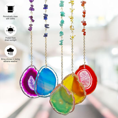 Yoption Moon Tree of Life Agate Slice Wind Chime, Handmade 7 Chakra Healing Crystal Stone Wind Chime for Home Wall Garden Decorative Ornament, Unique Gift