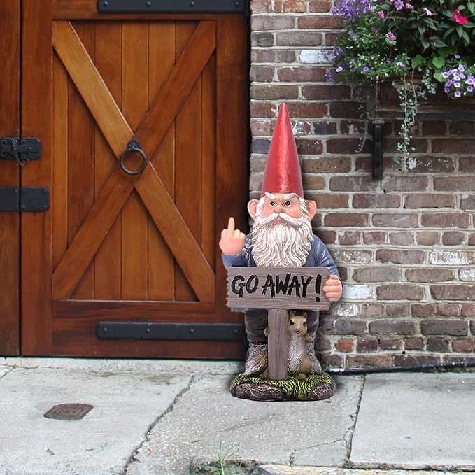 DWK Take A Hike Defiant Go Away Resin Garden Gnome Un-Welcome Sign - Red Hat Grumpy Rude Gesture Porch Statue - Standing 17.5 Inches Tall - Giving a One-Finger Salute