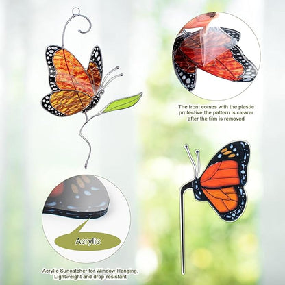 2 PCS Monarch Butterfly Decorations for Windows Hanging & Plant Decorations for Pots, Acrylic Suncatchers Butterfly Garden Yard Sun Catcher for Home Indoor Outdoor Decor- Gifts for Women