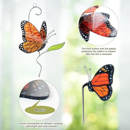 2 PCS Monarch Butterfly Decorations for Windows Hanging & Plant Decorations for Pots, Acrylic Suncatchers Butterfly Garden Yard Sun Catcher for Home Indoor Outdoor Decor- Gifts for Women