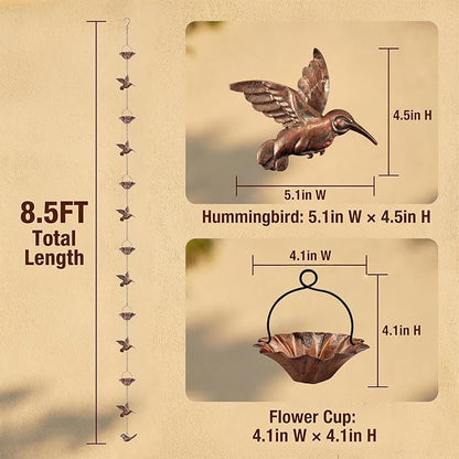 Rain Chain, 8.5 FT Copper Rain Chain for Gutters, Decorative Hummingbird & Lotus Cup Rain Catcher Chain with Weighted Bird, Downspout Alternative for Garden, Patio & Outdoor Drainage