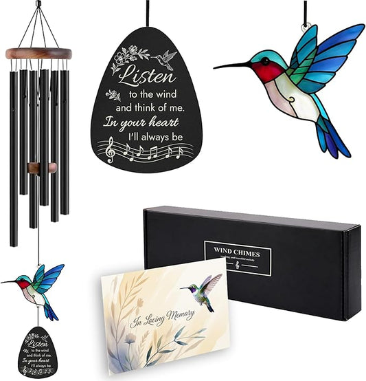 Sympathy Wind Chimes for Loss of Loved One, Memorial Gifts for Loss of Mother/Dad/Husband - Hummingbird Wind Chimes for Outside with Mute Option, in Memory of Loved One Gifts, Bereavement Wind Chimes