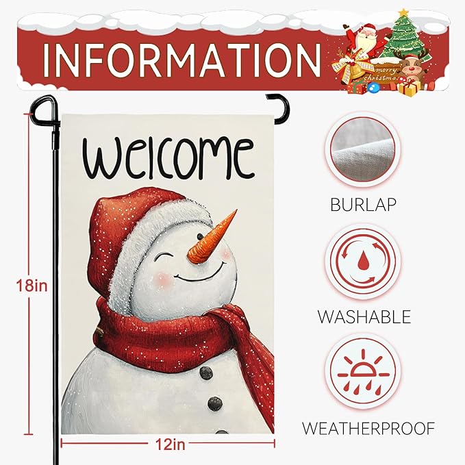 Snowman Winter Welcome Garden Flag 12x18 Inch Double Sided Snowman Holiday Burlap Yard Flags for Outside Small Flag for Outdoor Garden Decoration
