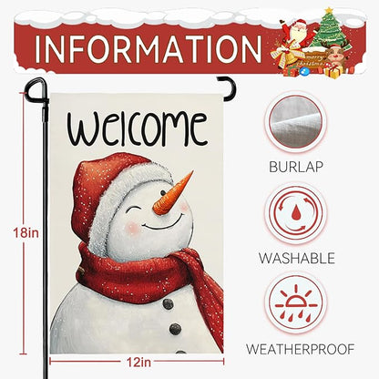 Snowman Winter Welcome Garden Flag 12x18 Inch Double Sided Snowman Holiday Burlap Yard Flags for Outside Small Flag for Outdoor Garden Decoration