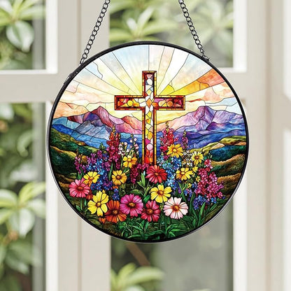 Cross Stained Glass Window Hanging, Cross Wildflowers Sun Catchers Indoor Window Plant Lover Gifts for Women Grandma, Wall SunCatchers Decor for Garden Home Birthday Christmas