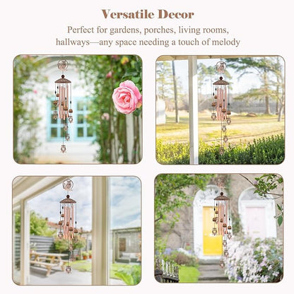 35 Inch Owl Wind Chimes for Outside - Rustic Copper Metal Silhouette Decor with 6 Handcrafted Pendants - Wisdom & Guardian Memorial Windchime - Unique Gift for Owl Lovers, Garden & Patio