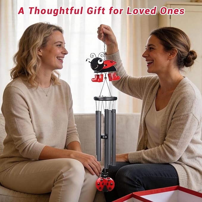 Ladybug Wind Chimes for Outside Metal Cute Beetle with Spinning Feet, Black Aluminum Tubes, Garden Yard Hanging Decor Wind Chimes, for Women, Men, Kids and Nature Lovers
