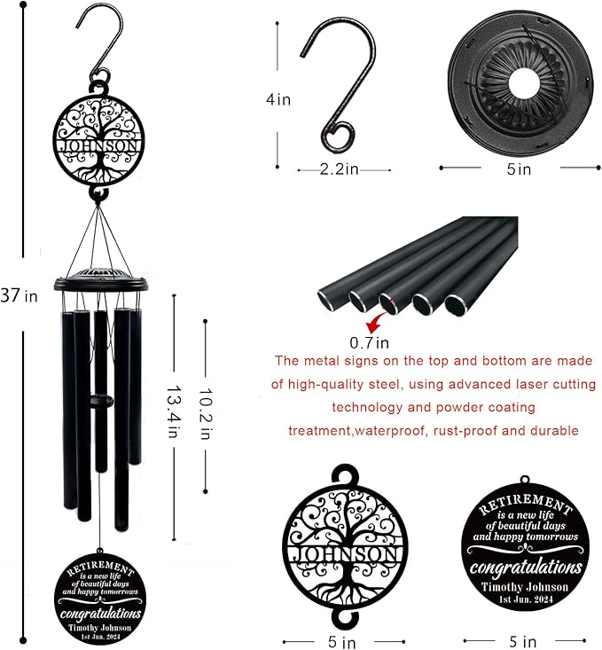 37" Personalized Retirement Wind Chimes for Women Men, Custom Retirement Gifts for Coworker Boss Teacher, Large Deep Tone Windchime Outdoor Decorations