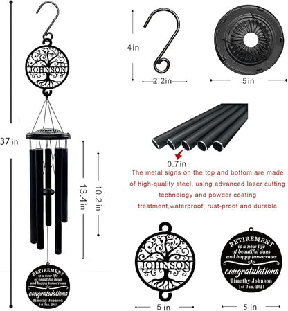 37" Personalized Retirement Wind Chimes for Women Men, Custom Retirement Gifts for Coworker Boss Teacher, Large Deep Tone Windchime Outdoor Decorations