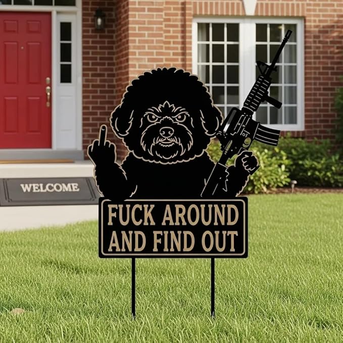 F Around & Find Out Dog Sentry Metal Dogs Silhouette Garden Stake with Middle Finger &Weapon Sign, FAFO Security Sign Middle Finger Dog Statue Decor for Outdoor Yard Patio (Poodle, 6 * 12")