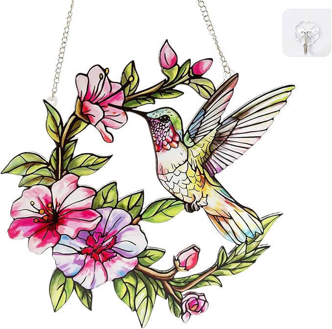Stained Glass Window Hanging Hummingbird and Flower Suncatcher, Marzovitra 10 Inch Colorful Window Art Bird Sun Catcher for Home Decor, Garden, Patio, Gift for Nature and Bird Lovers