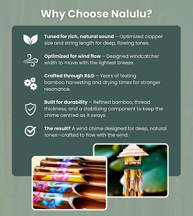 Nalulu Flory Bamboo Wind Chimes - Oustide Outdoor Wooden Windchimes with Birdhouse, Handcrafted with Calming Deep Tones, Ideal Home Decor or Gift for Him and Her