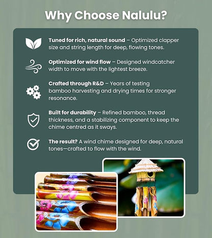 Nalulu Flory Bamboo Wind Chimes - Oustide Outdoor Wooden Windchimes with Birdhouse, Handcrafted with Calming Deep Tones, Ideal Home Decor or Gift for Him and Her
