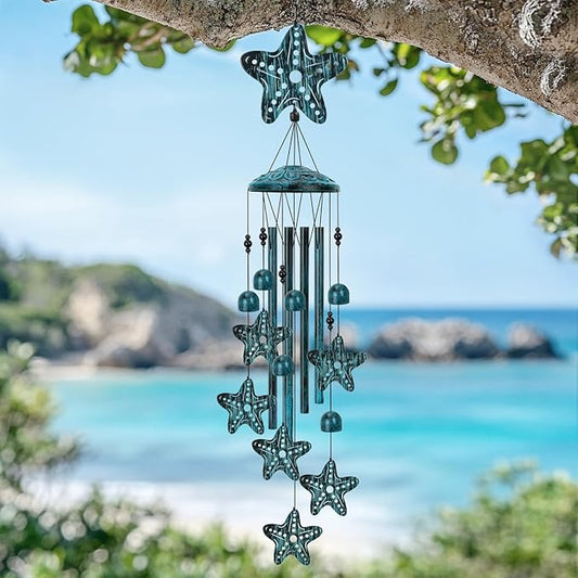 Starfish Wind Chimes for Outside, Large Starfish Gifts for Women, Blue Marine Animal Wind Chime, Metal Starfish Decor, 40" Outdoor Garden Decor for Lawn, Porch, Patio, Yard