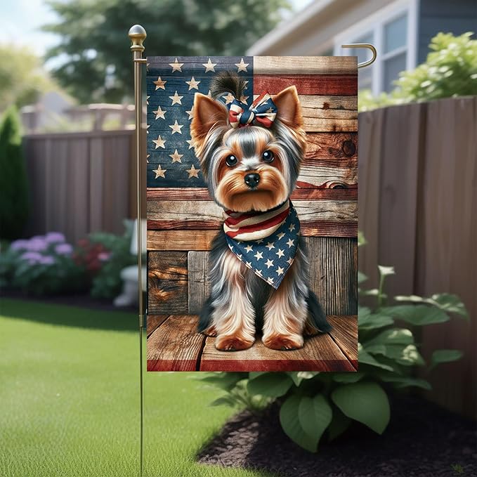 Patriotic Garden Flag Yorkie Dog American Flag 12x18 Double Sided 4th of July Decorative Outdoor Flag for Memorial Day Independence Day Yard Porch Home Decor Seasonal Flags