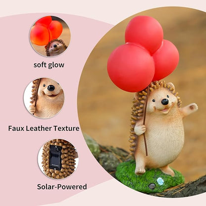 WHIMSYNOOK Hedgehog Figurine with Balloon – Solar LED Garden Statue & Whimsical Gift Décor, 10.4" Resin Cute Animal Light for Porch, Lawn, Yard, Housewarming, or Birthday