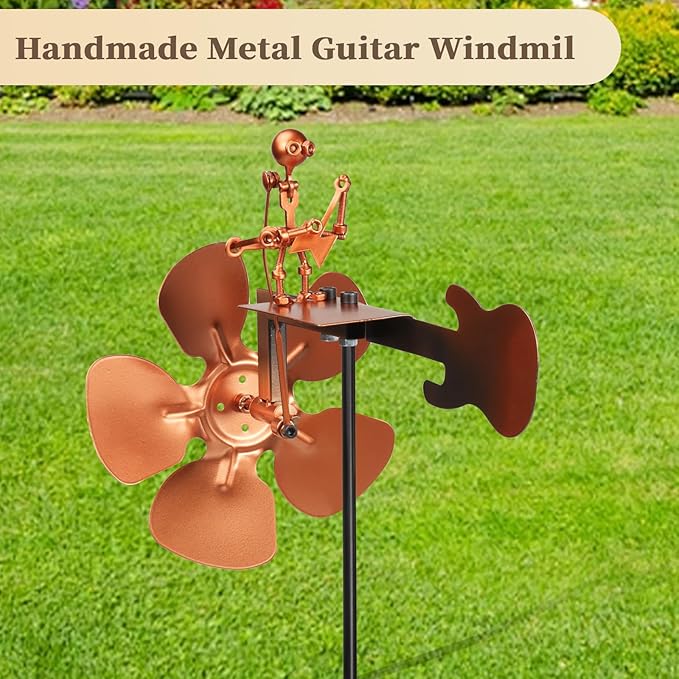 Guitar Windmill,Handmade Metal Drummer Windmill,Metal Rock Band Wind Mill for Yard and Garden,Wind Spinners Outdoor Art Sculpture
