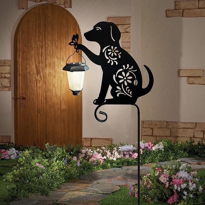 Dog Solar Lights Outdoor Garden, Beagle Dog Statues Outdoor,Metal Dogs Solar Lantern Garden Stakes for Yard,Lawn