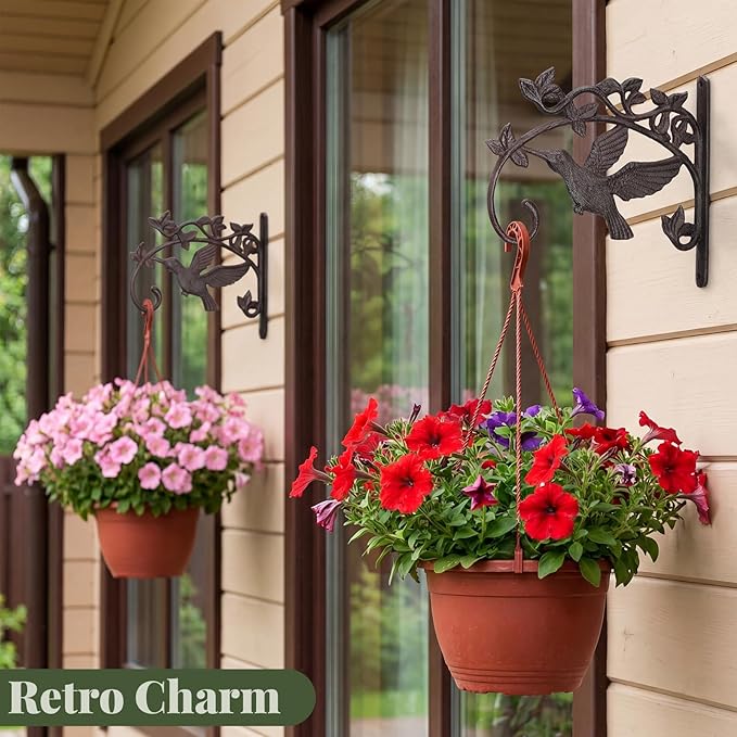 Frienda 2 Pack Cast Iron Plant Hanger Wall Hooks 11.2in Heavy Duty Hanging Plant Hooks Decorative Hummingbird Shape Brackets Vintage Metal Hanger Bracket for Hanging Baskets Bird Feeders Wind Chimes