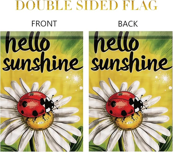 Spring Summer Garden Flag 12x18 Inch Hello Sunshine Ladybug Daisy Floral Art Design Outdoor Yard Porch Lawn Garden for Seasonal Farmhouse Country Home Decor