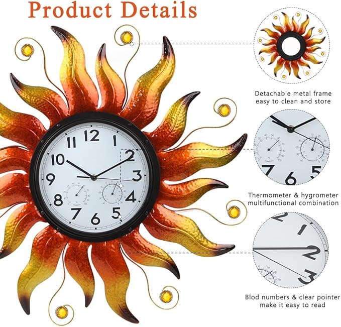 Large Outdoor Clock with Thermometer & Humidity - Silent Non-Ticking Sun Outdoor Wall Clock for Patio, Garden, Kitchen, Living Room(Yellow)
