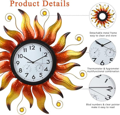 Large Outdoor Clock with Thermometer & Humidity - Silent Non-Ticking Sun Outdoor Wall Clock for Patio, Garden, Kitchen, Living Room(Yellow)