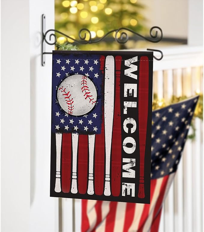 Welcome July 4th Baseball Patriotic Decorative Garden Flag, Red White Bat America USA Independence Day Yard Outside Decorations, Stars American Outdoor Small Home Decor Double Sided 12 x 18