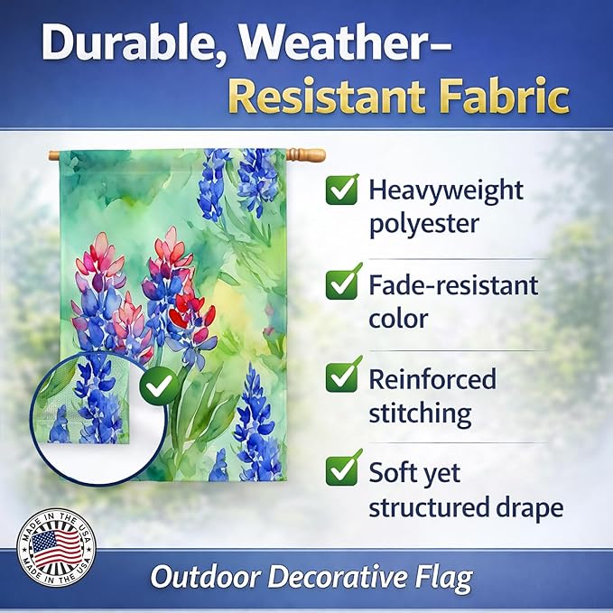Caroline's Treasures Texas Bluebonnets in Watercolor House Flag Large Porch Sleeve Pole Decorative Outside Yard Banner Artwork Wall Hanging, Polyester, House Size, Multicolor