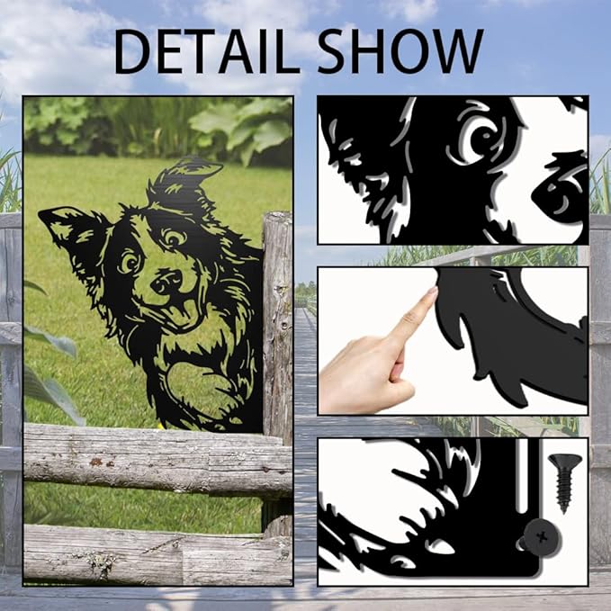 WADORN Peeping Dog Metal Garden Yard Art Decor, Watching Dog Ornament Wall Art for Farm Cute Animal Iron Silhouette Outdoor Fence Decor