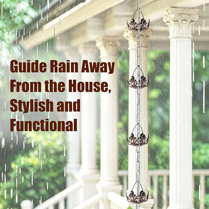8.5 Ft Rain Chain, Thick Metal Rain Gutter Chains, Adjustable Rain Catcher Chain for Eaves Drainage, Replacement for Downspout, Outdoor Decor
