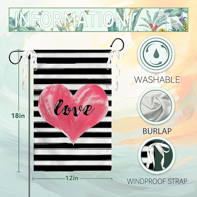 Love Heart Garden Flag Valentines Day Strips Yard Flag Outside Double Sided Anniversary Wedding Burlap Garden Flags Pink Love House Banner for Outdoor Valentine Decor 12x18 Inch