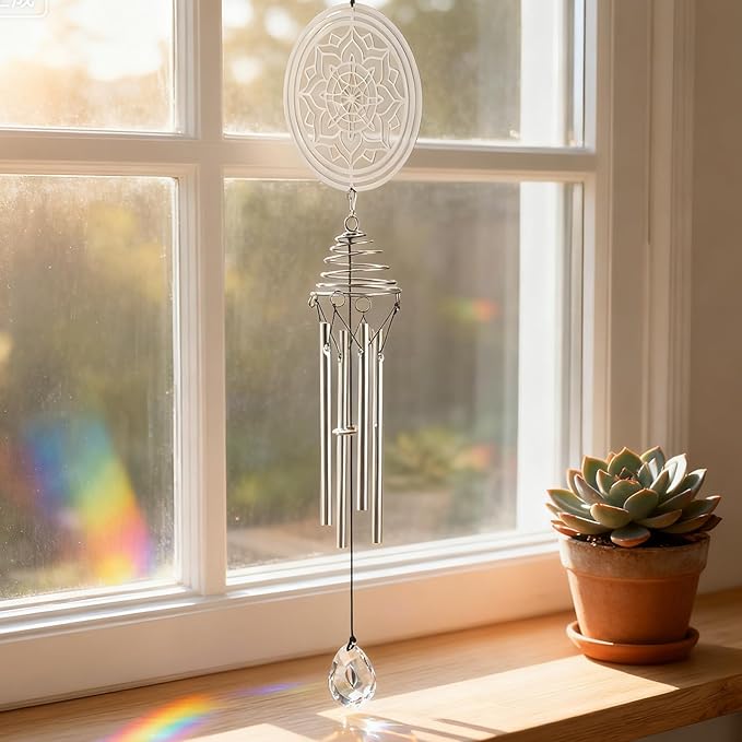 Meditation Mandala Wind Chimes with Sun Catcher - Healing Gifts & Stress Relief for Anxiety, Relaxing Self-Care Gift for Home Decor, Outdoor Patio, Yoga Space