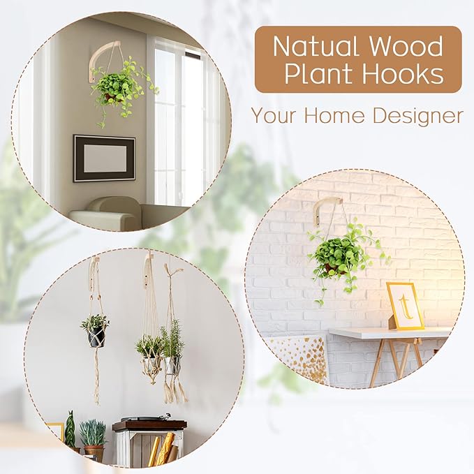 Juexica 4 Pcs Plant Hanger Wooden, 8 Inch Hanging Plant Hooks for Indoors and Outdoor, Wall Mounted Hanging Hook Brackets for Planters Lanterns Wind Chimes and Bird Feeders Patio Decor(Wood Color)
