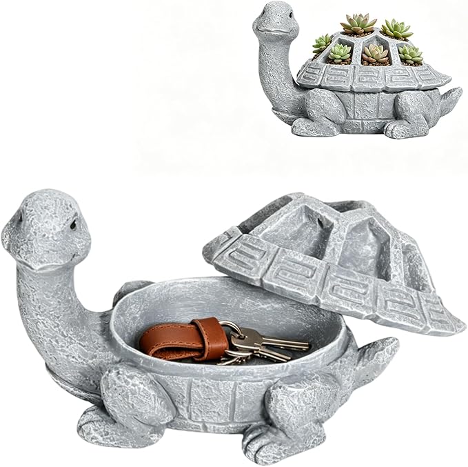 Turtle Planter Key Holder Box Waterproof Outdoor Hide-A-Key Succulent Pot with Drainage Succulent or Moss Planter on Turtle Shell Unique Garden Decor Sculpture Gift for Plant Lovers