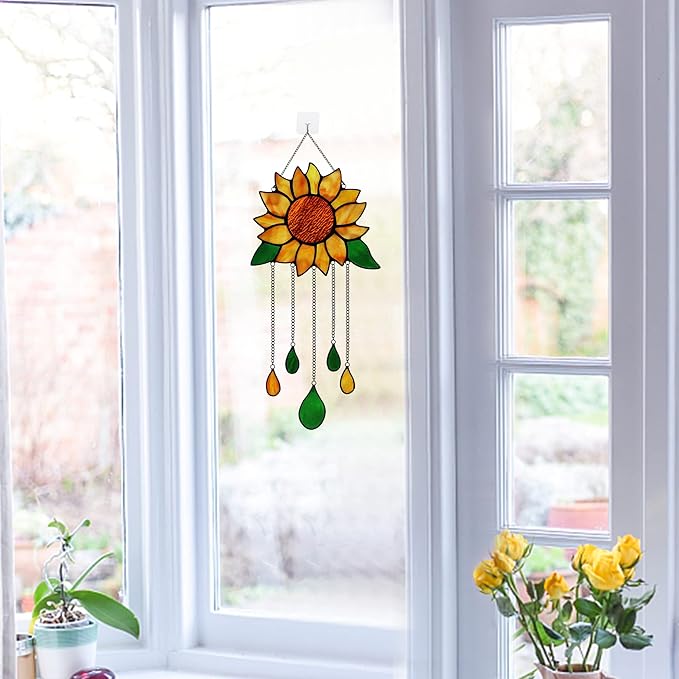 Sunflower Stained Glass Window Hanging,Sunflowers Birthday Party Decorations,Outdoor Suncatcher for Patio,Kitchen and Garden Decor,Sunflower Gift for Mom,Women and Grandma