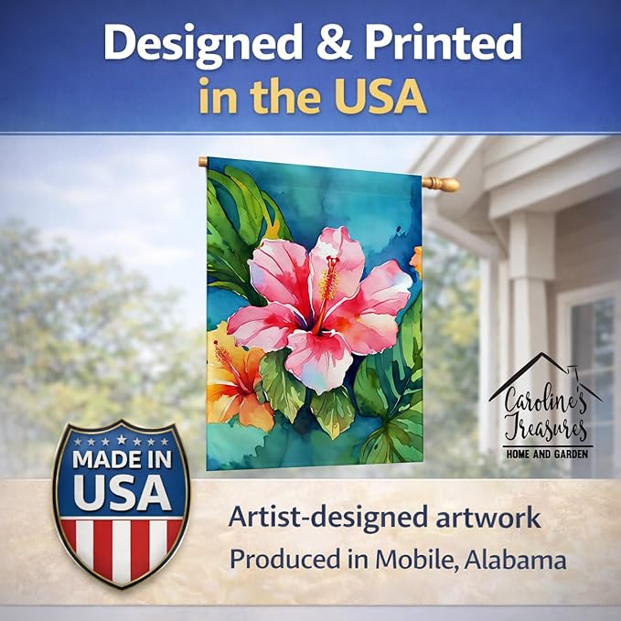 Caroline's Treasures Hawaii Hawaiian Hibiscus in Watercolor House Flag Large Porch Sleeve Pole Decorative Outside Yard Banner Artwork Wall Hanging, Polyester, House Size, Multicolor
