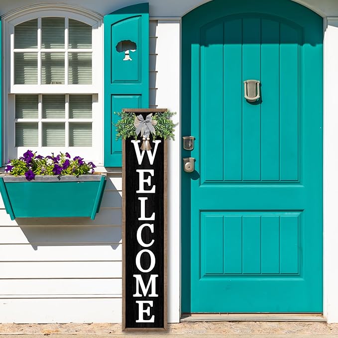 flowtorely Outdoor Welcome Sign for Front Porch Standing 45"×9" Tall Wood Frame Vertical Leaner farmhouse Outside Rustic Large Welcome Sign for Front Door Home Decorations (Wood)