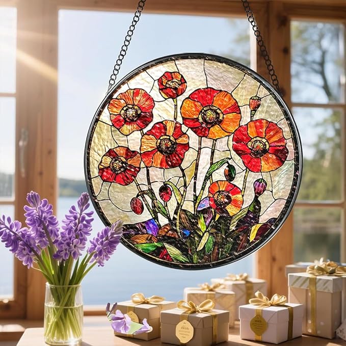 Stained Glass Suncatcher Window Hanging, 7.8 Inch Handmade Sunflower Garden suncatchers, Suncatcher Home Decor,Gift for Women, Mom, Grandma (Flower)