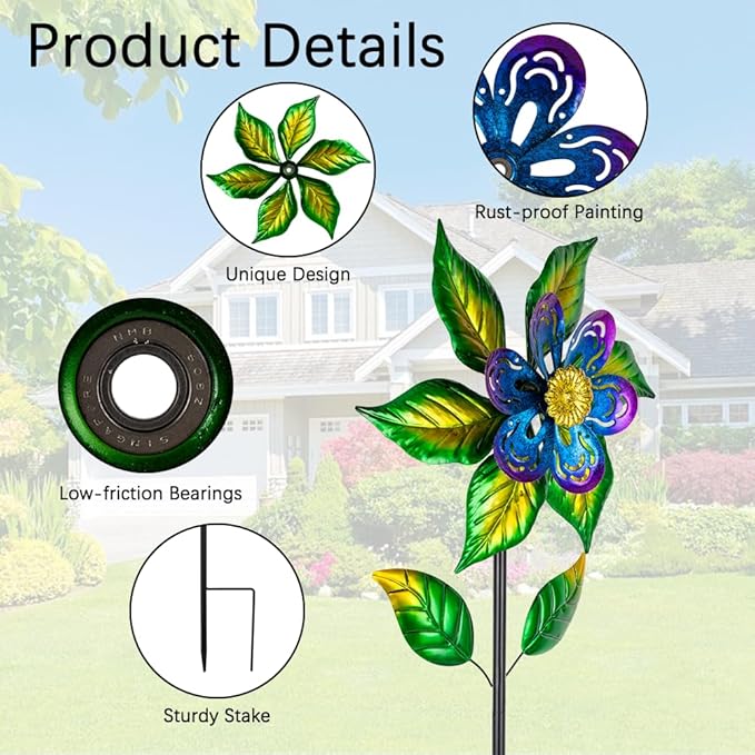 Wind Spinners Outdoor,13'' Dia Metal Flower Pinwheels,Waterproof Wind Sculpture with Metal Stake,Wind Spinner for Outdoor Patio Decor